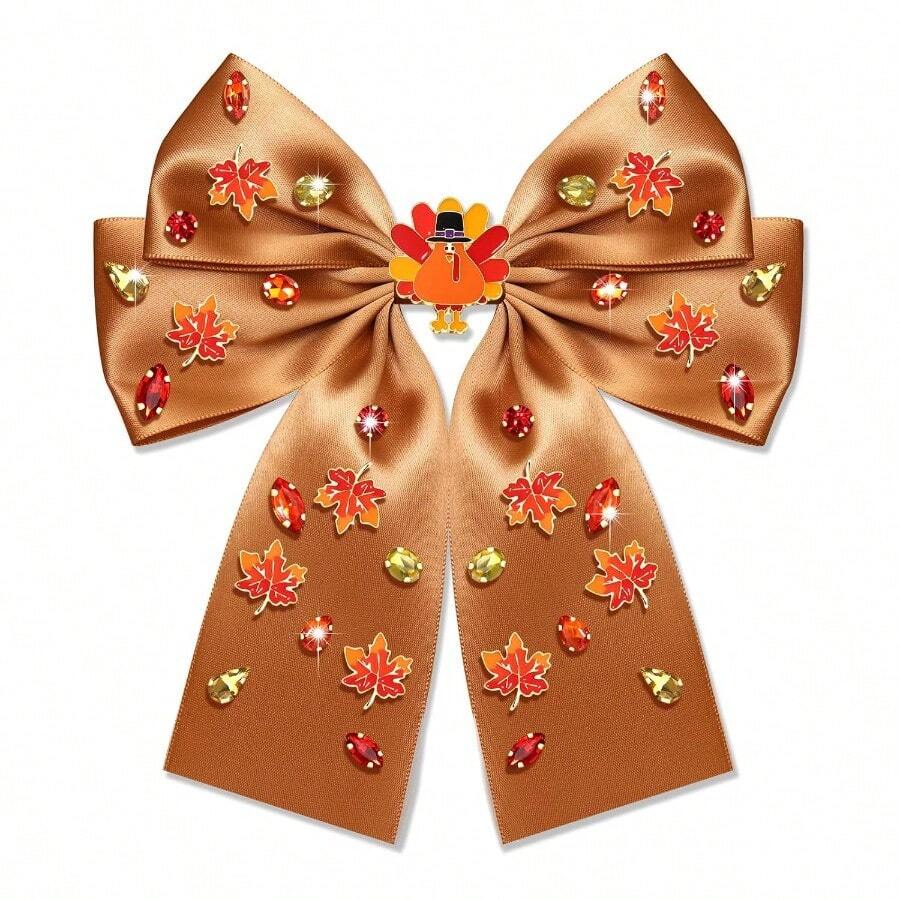 Girls Harvest Turkey Maple Leaf Hair Bow Clips Jeweled Hair Barrettes Thanksgiving Party Favors Gifts Turkey Leaf Brown