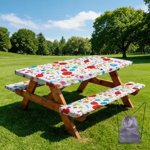 Table Cover with Bench Covers and Bag,Camping Waterproof Fitted Camping Tablecloth with Elastic Edges Windproof for 6ft Rectangle Tables and Seats,72in Flowers