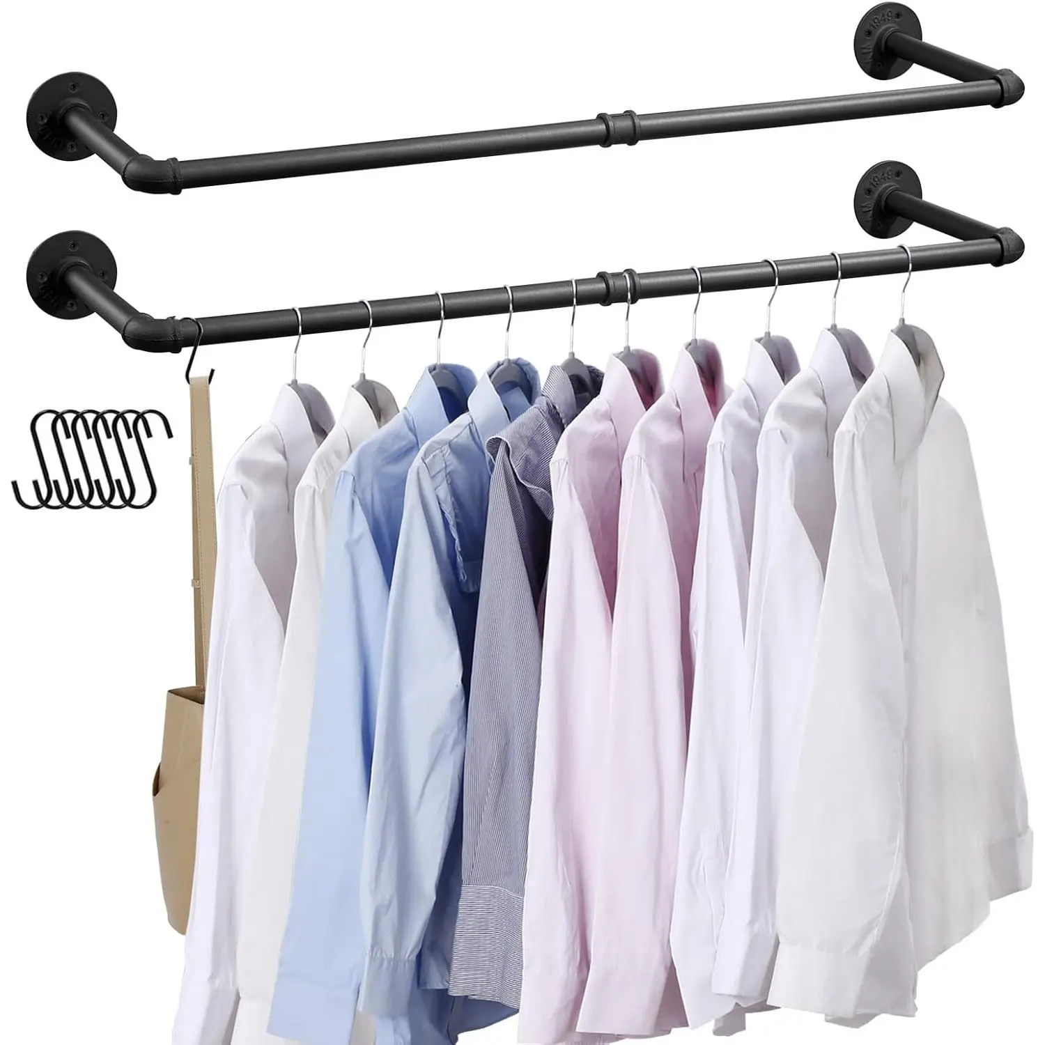 Industrial Pipe Clothes Rack Wall Mounted Clothing Rack Set of 2,38.2 Inches Heavy Duty Iron Garment Rail,Space-Saving Hanging Rod for Laundry Room,Bedroom,Closet Storage