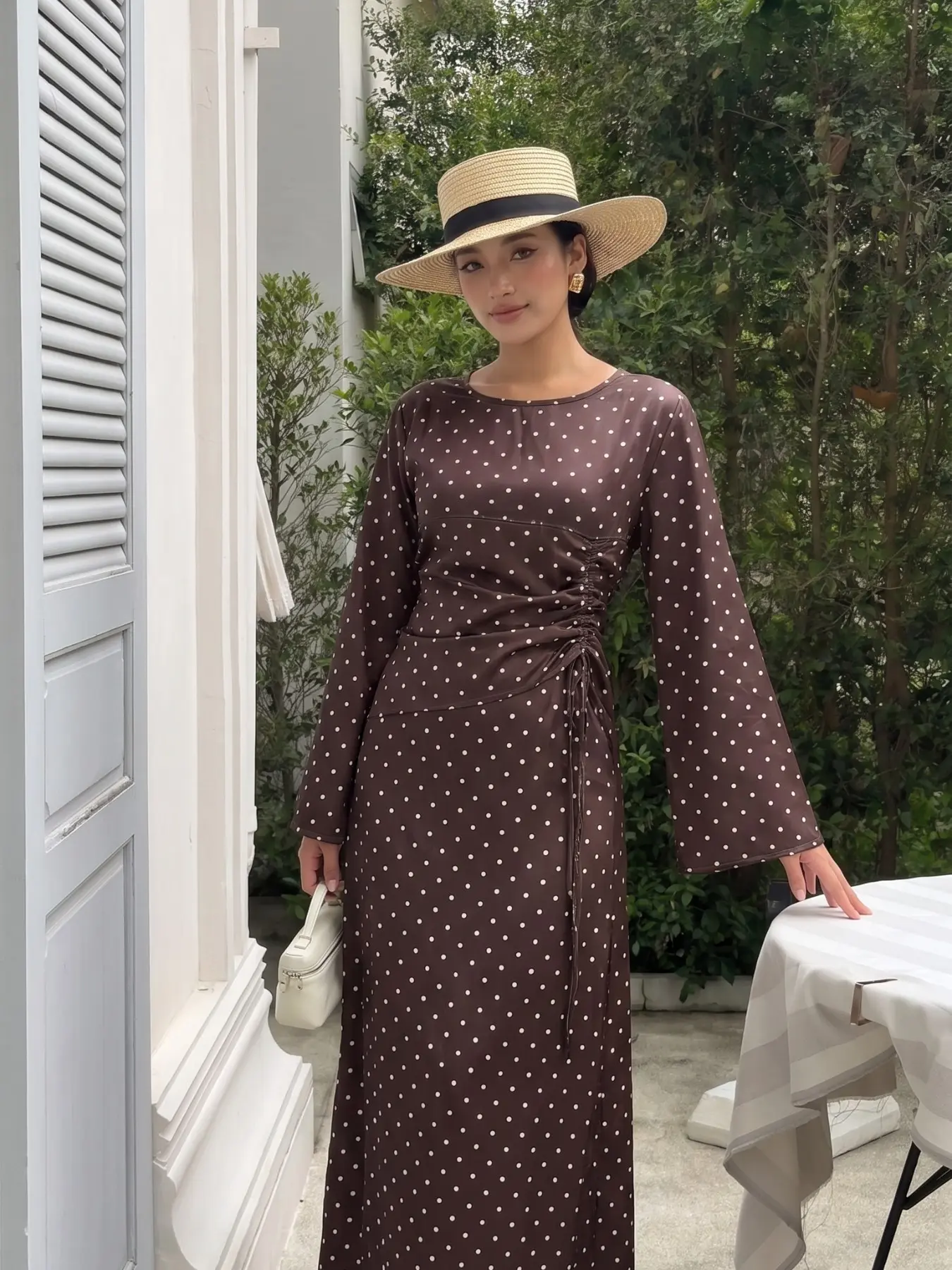 Elegant Casual Drawstring Polka Dot Long Sleeves Abaya Long Dress, Perfect for Parties, Holidays, Ramadan, Valentine's Day, Dates, Various