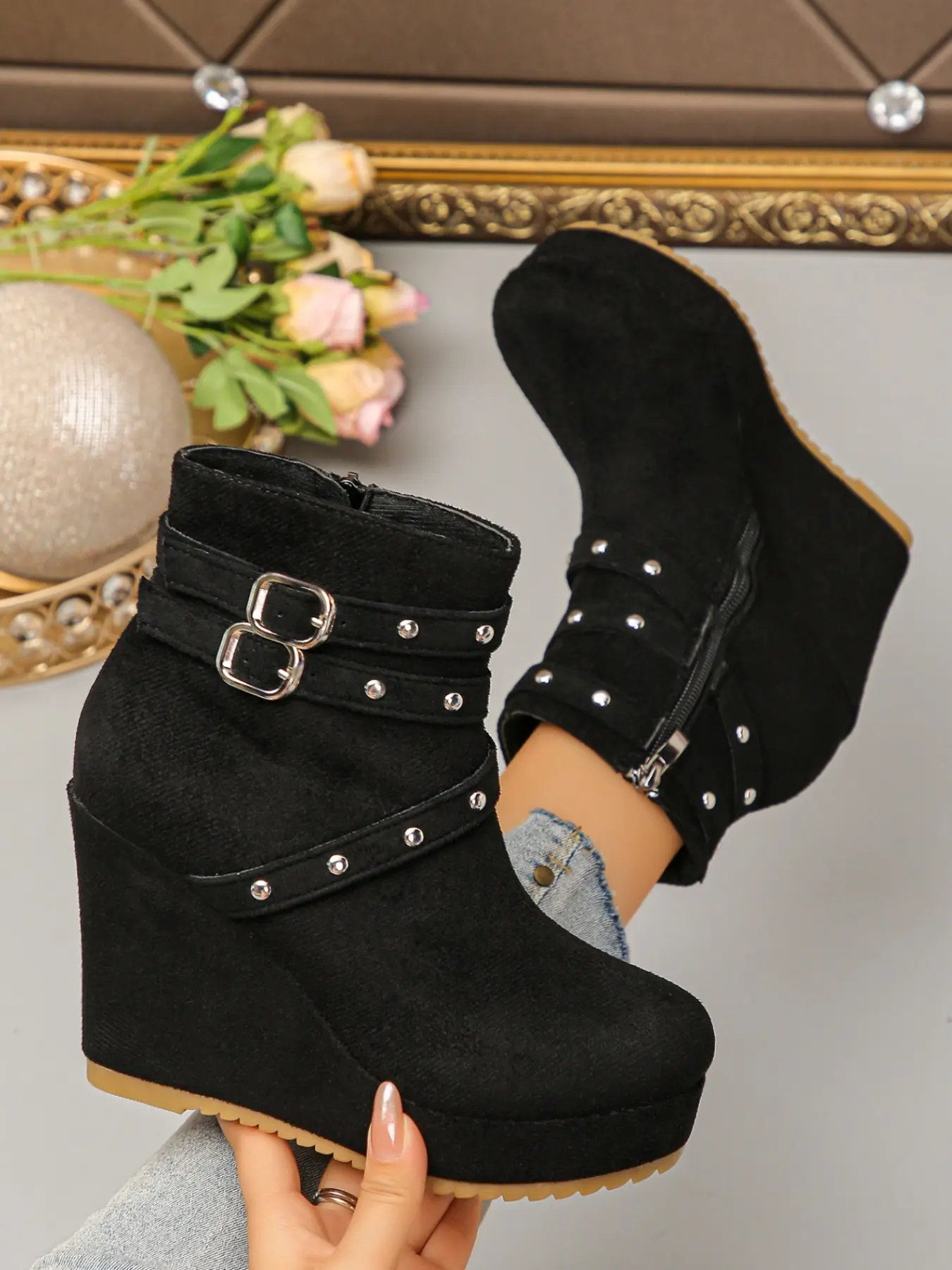 Double Buckle Rivet Sandal Wedge Short Boots, Side Zip Thick Waterproof Platform Invisible Height Increase, Punk Style Women's Ankle Boots