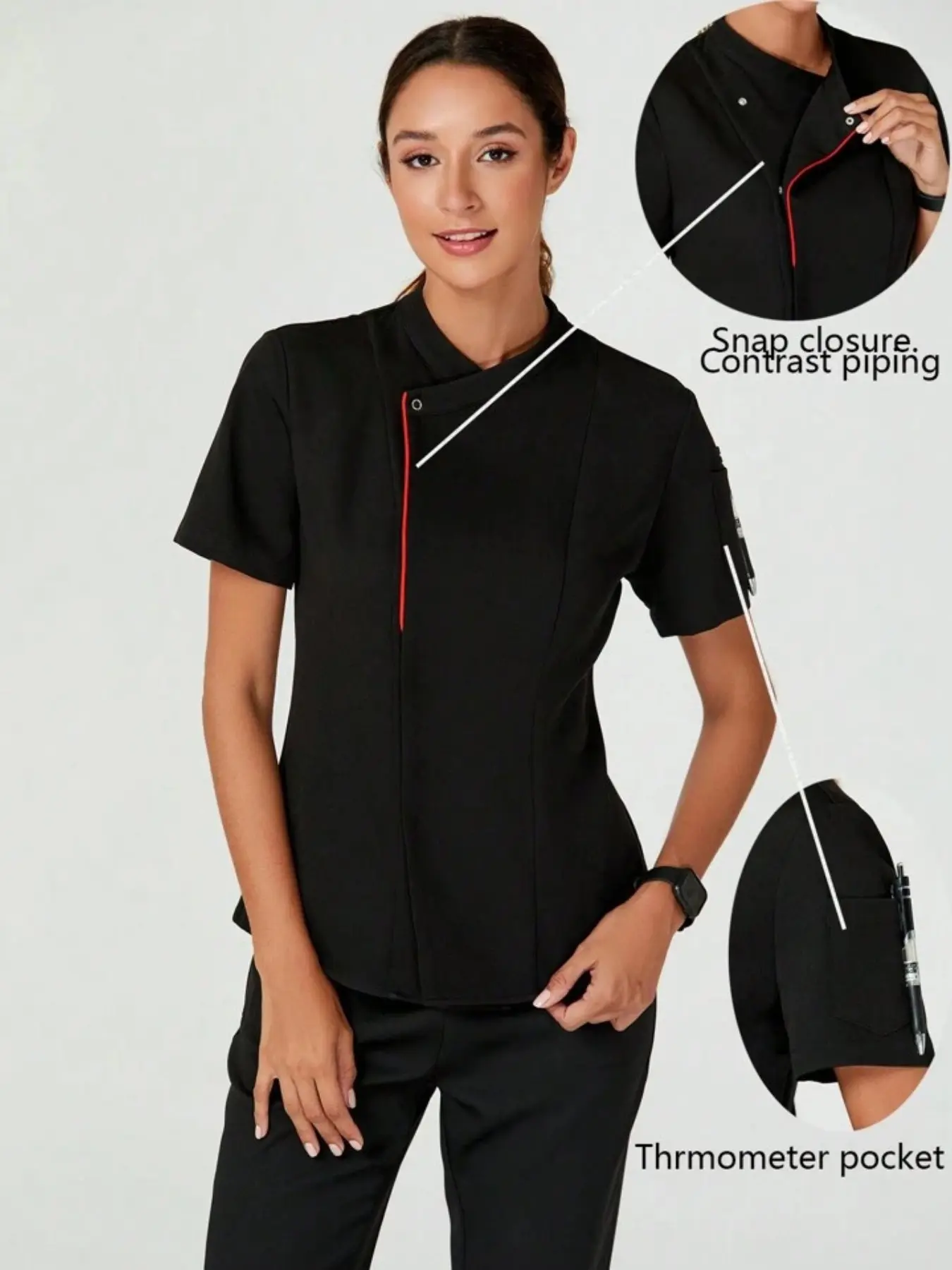 Women's Stand Collar Asymmetrical Short Sleeve Workwear Set, Hotel Front Desk Restaurant Customer Service Slim Fit Two-Piece