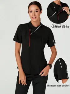 Women's Stand Collar Asymmetrical Short Sleeve Workwear Set, Hotel Front Desk Restaurant Customer Service Slim Fit Two-Piece