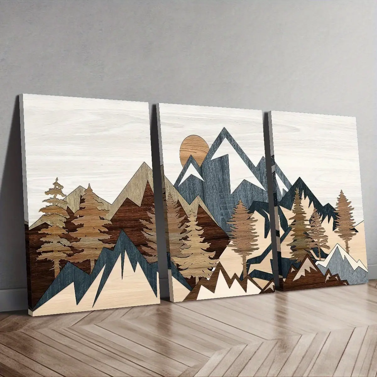 3-piece set of rustic farmhouse style canvas paintings - framed mountain and forest scene images with sun effects, pine wood frame - perfect for decorating living rooms, bedrooms, and home offices - pre-packaged canvas