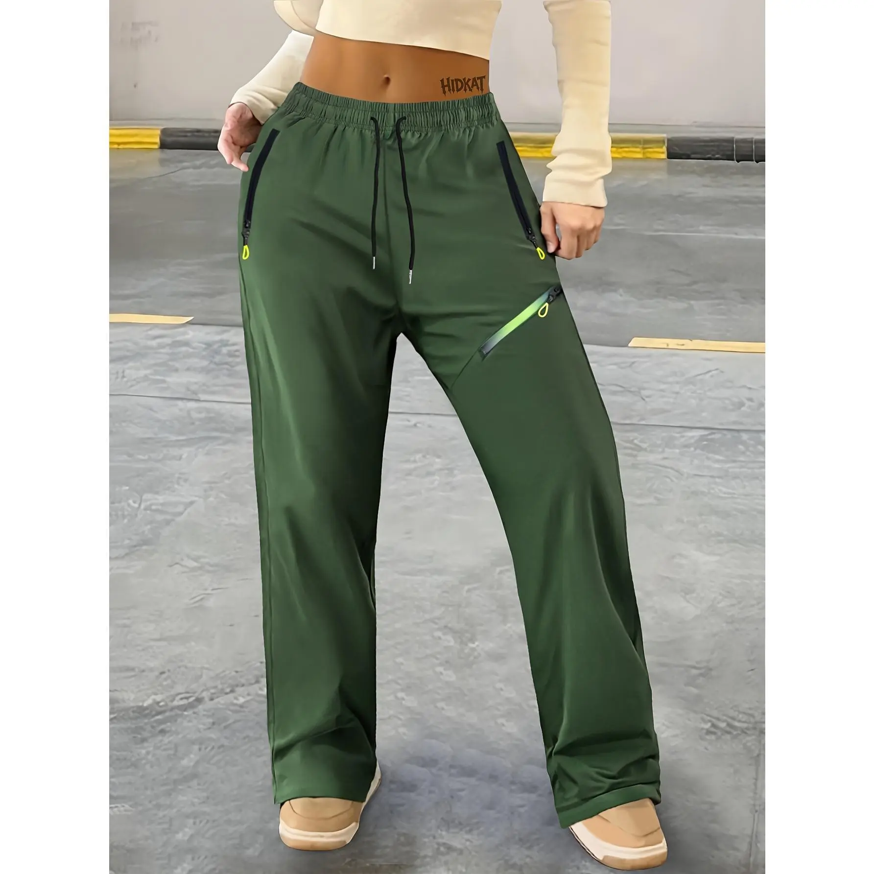 Women's High Waist Wide Leg Cargo Pants - Neon Accent Zipper Pockets, Adjustable Drawstring Waist, Non-Stretch Gym Fitness Activewear Trousers for Streetwear, Minimalist Hoodie Pairing, Fabric, Essential