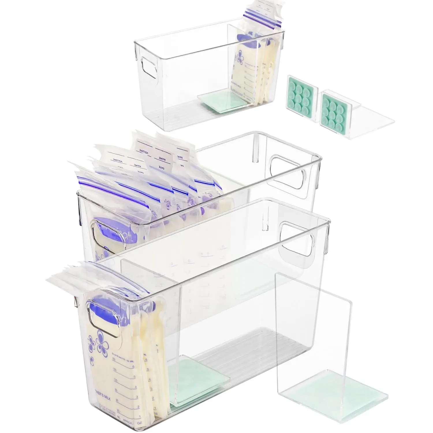 Breastmilk Storage Containers with L-Shaped Separator Boards, Dividers Flatten Standing Breast Milk Bags in Organizer Bins, Save Refrigerator Space | 2 Pack - Green