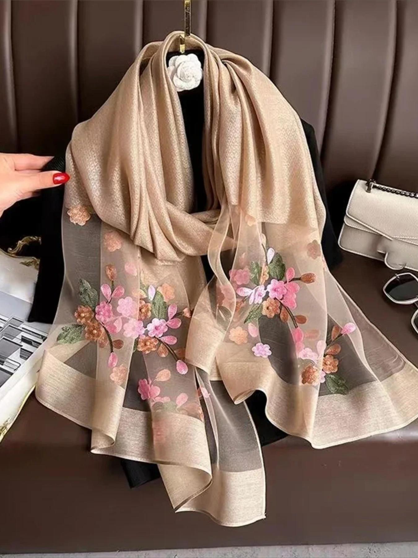 Floral Embroidery Scarf, Fashionable Soft Comfortable Shawl for Women & Girls, Casual Versatile Scarf for Daily Wear