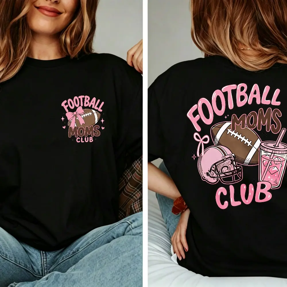 Football Moms Club Front Back Print Women T-Shirt, Cute Pink Bow Football Helmet Iced Drink Graphic Tee, Game Day Retro Football Mom