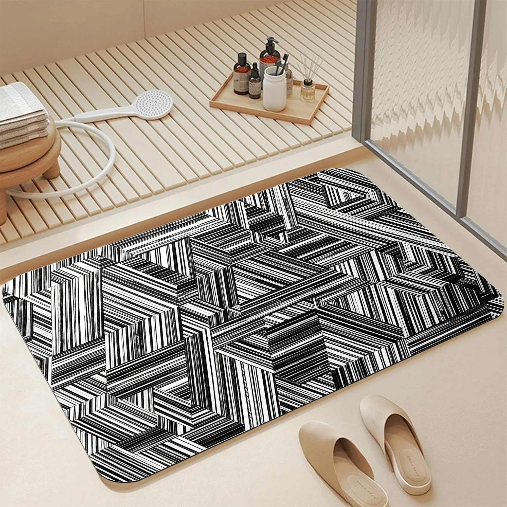 16*24 Inch Black White Geometric Triangle Striped Diatomite Bath Mat, Fast Water Absorbent Non-Slip Quick Dry Bathroom Rug, Abstract Hand Drawn Line Art 3D Optical Tessellation Print, Stain Resistant Washable Minimalist Modern Japandi Mid-Century Shower