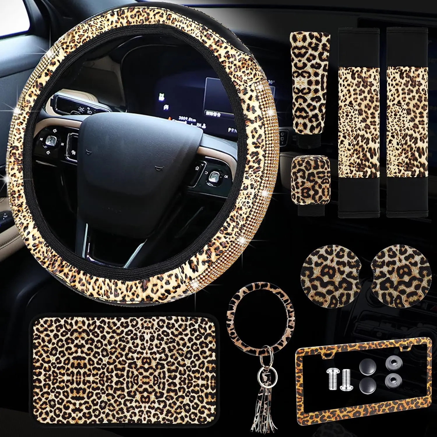10-Piece PU Material Cars Accessories Set - Cute Car Interior Decor for SUVs & General Models, Includes Steering Wheel Cover, Seat Belt Cover, License Frame, Armrest Pad, Cup Holder, Keyring, Bracelet