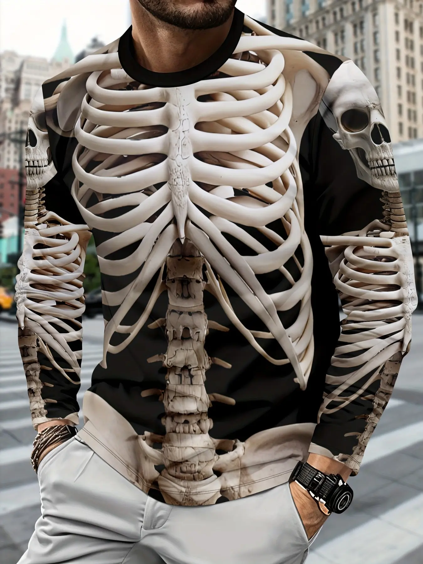 Halloween Transparent Skull Long Sleeve, Full Body Skeleton Print, Party Cosplay Unique, Trendy Halloween Costume