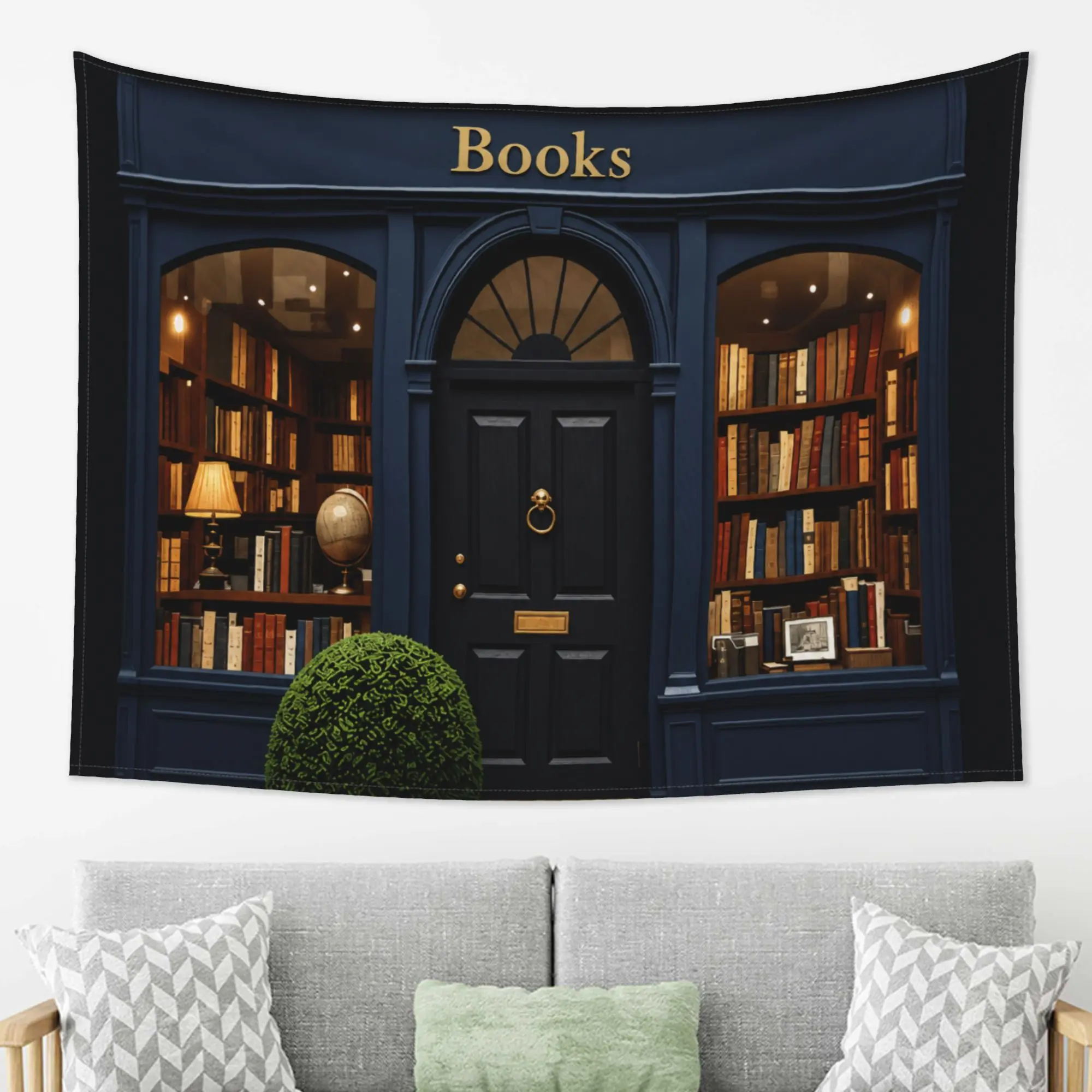 Vintage Bookstore Window Wall Tapestry - Antique Library Bookshelf & Dark Blue Storefront Backdrop - Large Fabric Wall Hanging Art for Reading Room, Study, Home Office Decor,Hippie,UV