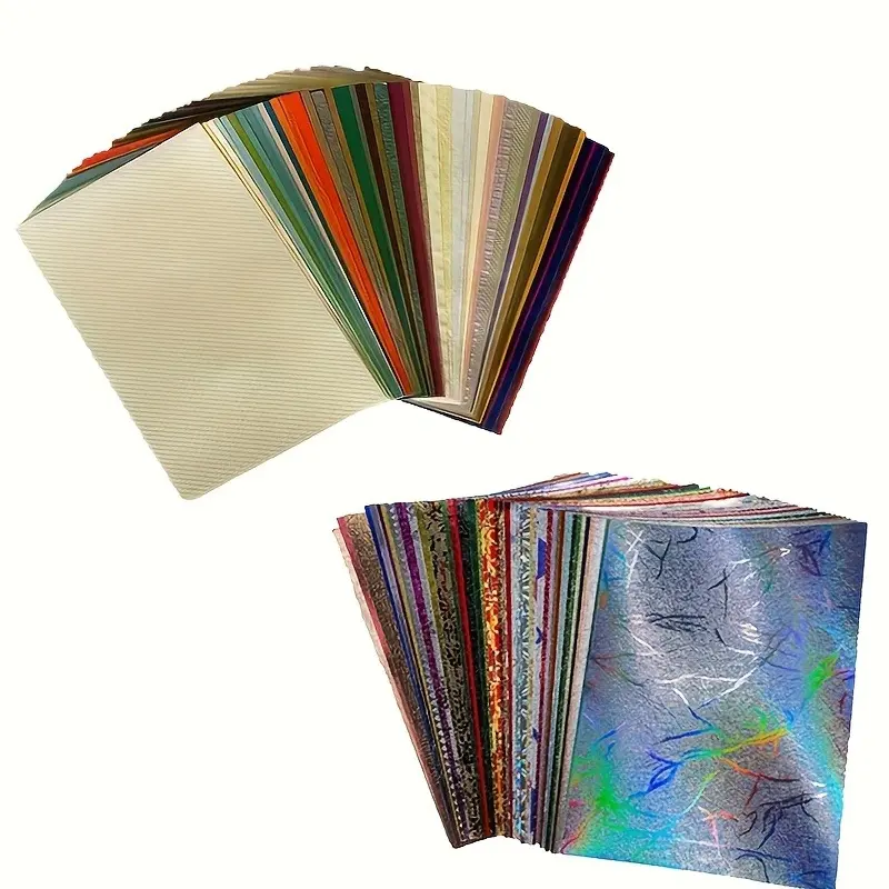 100 A5/A6 multi-color design embossed holographic art texture scrapbook paper, 350 grams/square meter, with multiple patterns of non repeating cards suitable for scrapbook making, DIY handicrafts, and collage backgrounds Scrapbooking Paper