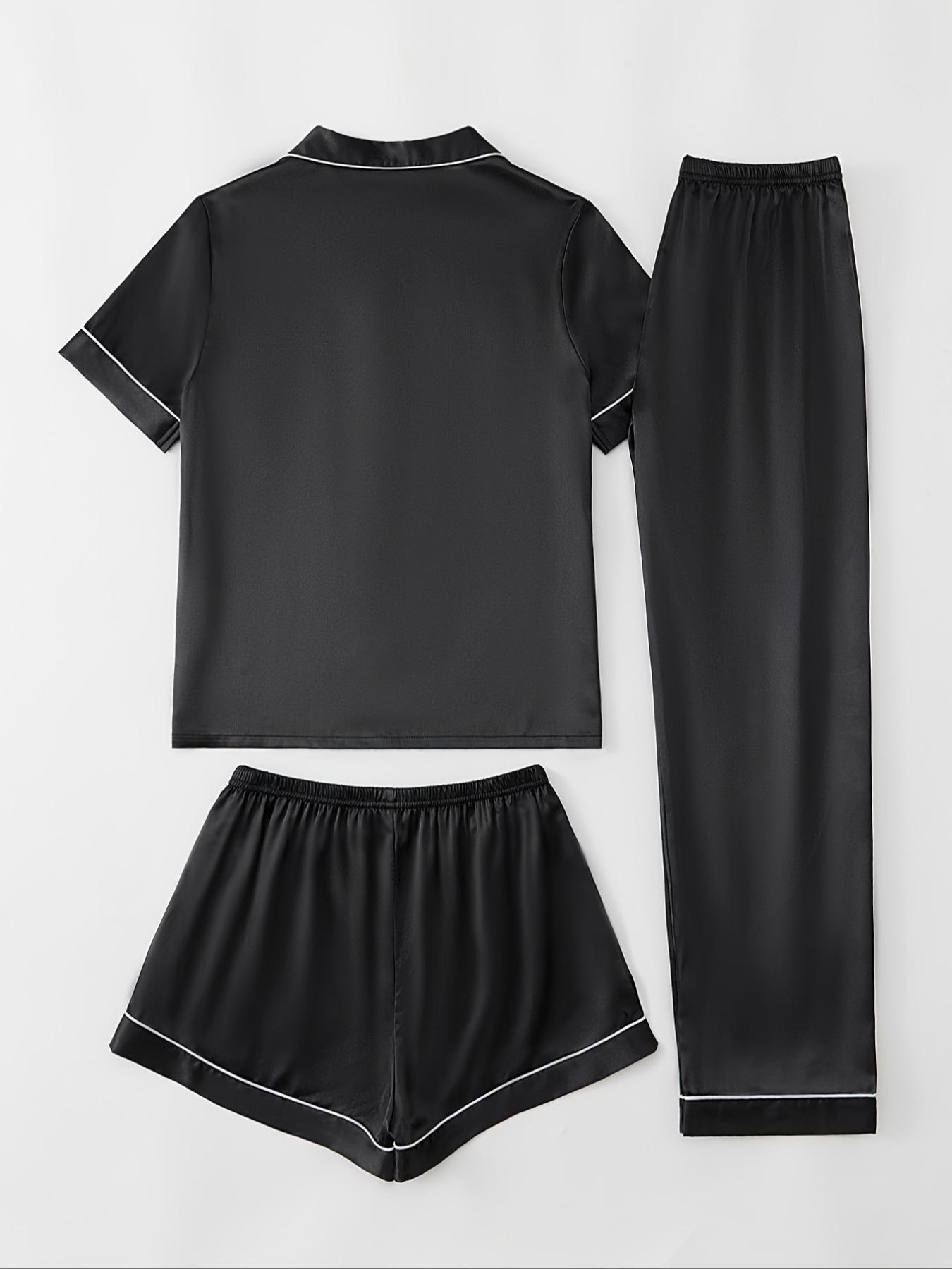 Women's 3pcs Solid Contrast Binding Lapel Collar Button Front Shirt & Elastic Waist Shorts & Pants Satin Pyjama Set, Casual Comfy Top & Shorts & Trousers PJ Set, Pajama Set, Ladies Summer Sleepwear