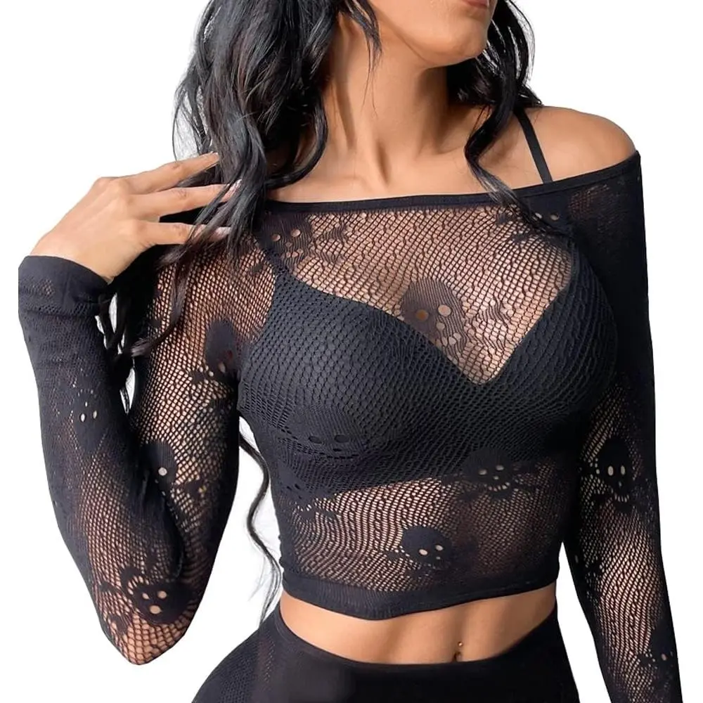 Women Sexy Crop Top Fishnet Lingerie Beach Cover Up |   Rave Outfit Skull Pattern Tee Shirt Blouse Cosplay Costume Party Club Wear