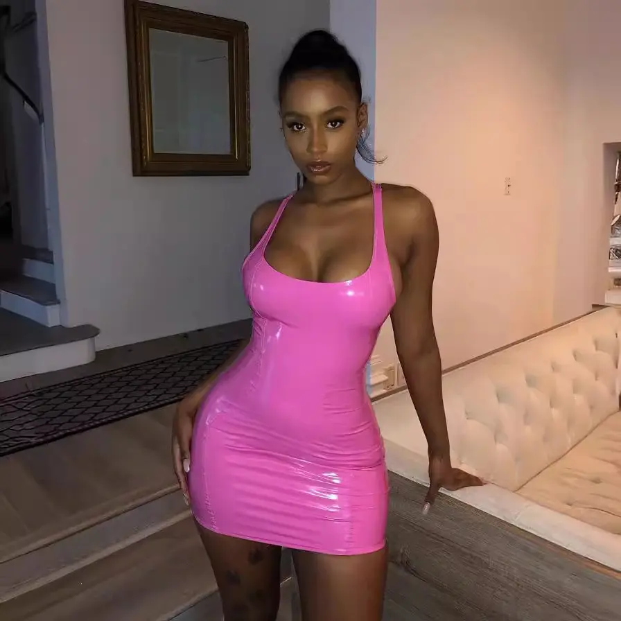Women Glossy Faux Leather Tank Bodycon Mini Dress, U Neck Sleeveless Shiny PU Tight Date Night Going Out Dress