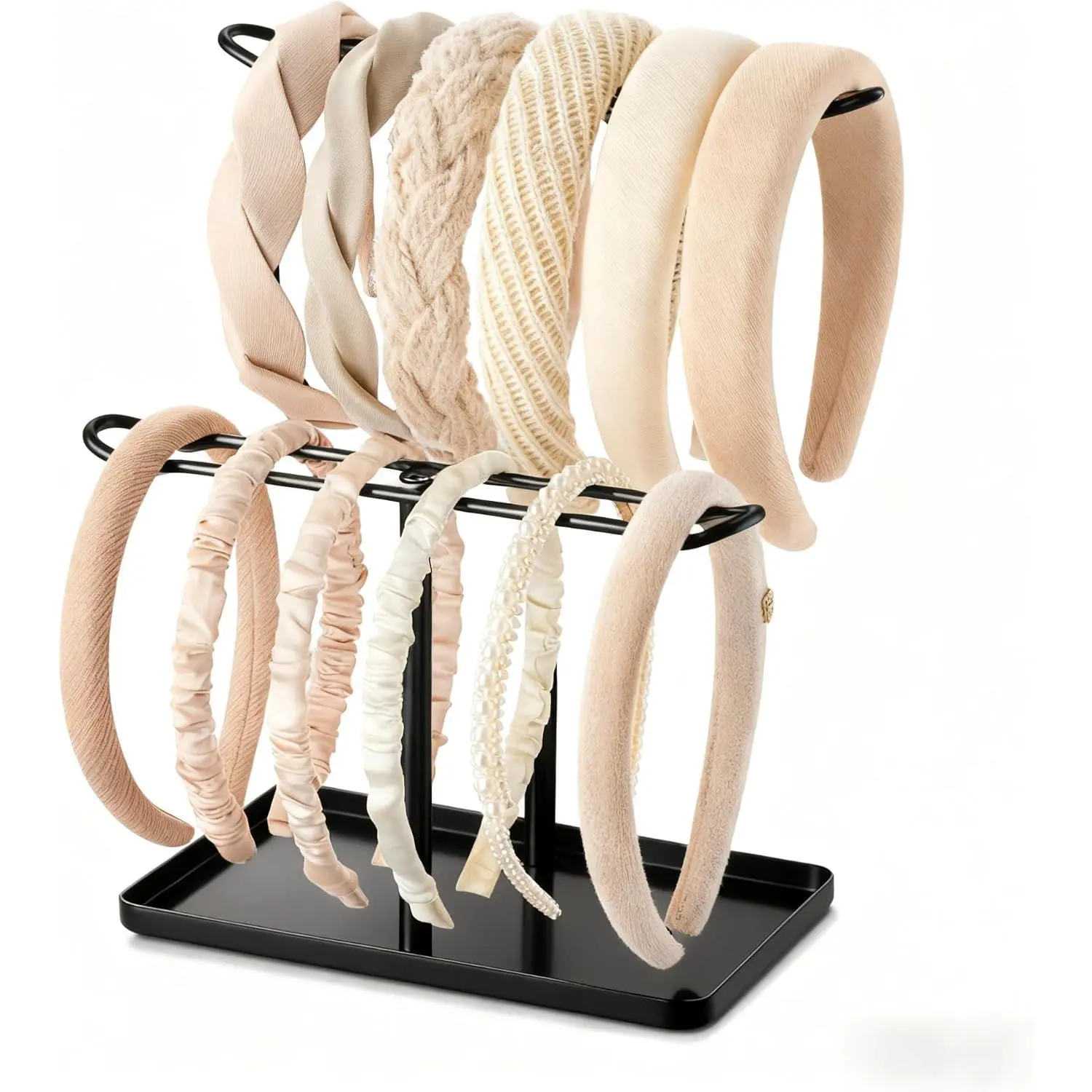 Headband Holder Organizer, 2-Tier T-bar Storage Stand with Tray for Hair Accessories Hairband Hair Clip, for Girls Women, Black