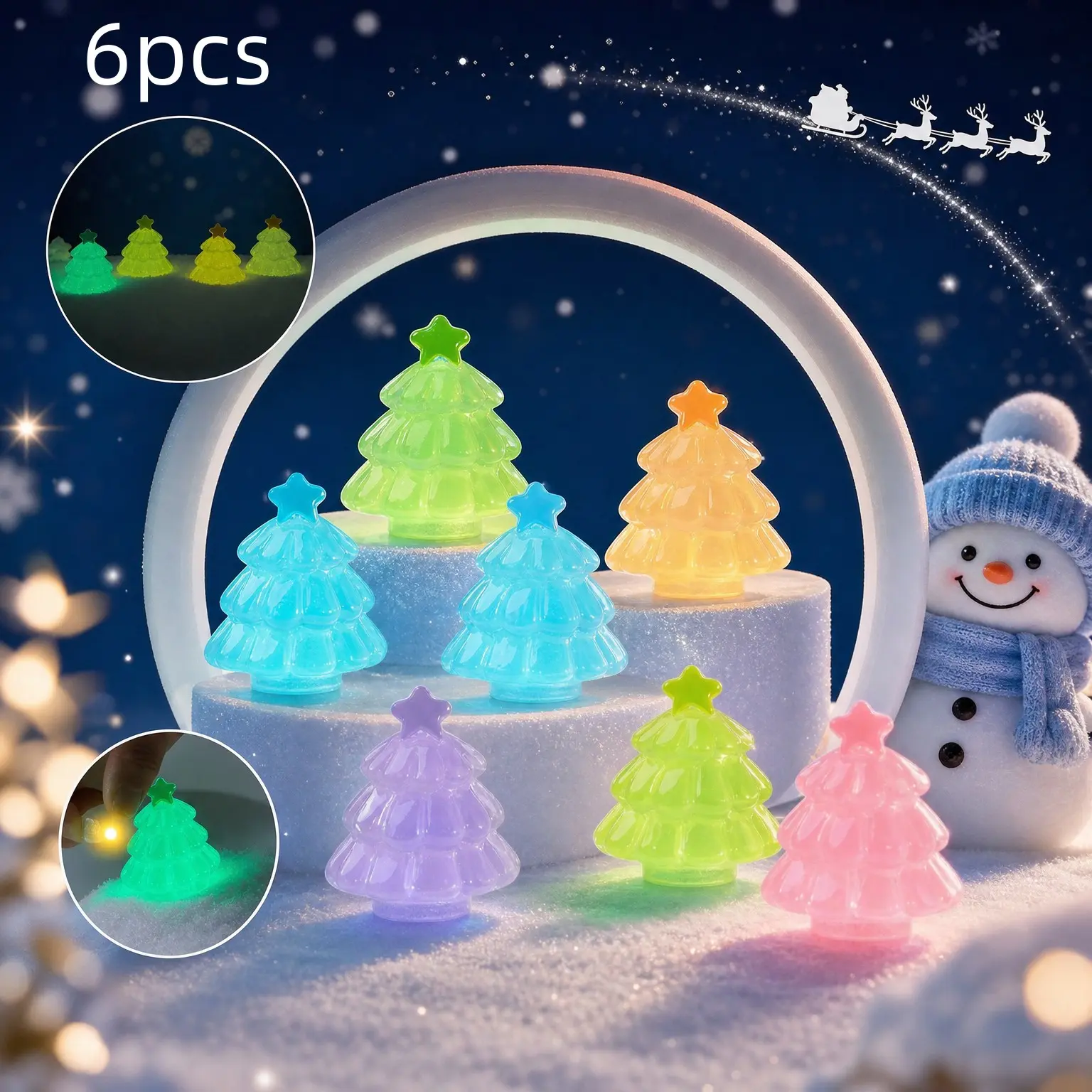 Mini Glow-In-The-Dark Resin Christmas Tree Ornament, DIY Snow Scene Miniature Model, Winter Desktop Decor, Holiday Party Accent