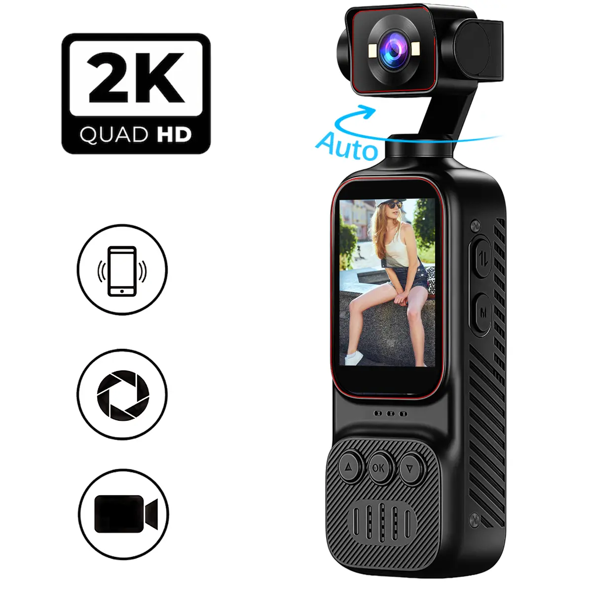 2K HD vlogging camera,8x digital zoom handheld camera,LED lighting fixtures, supporting WiFi connection, loop recording, rotatable lens, suitable for outdoor Vlogs, outdoor sports, and academic trips.
