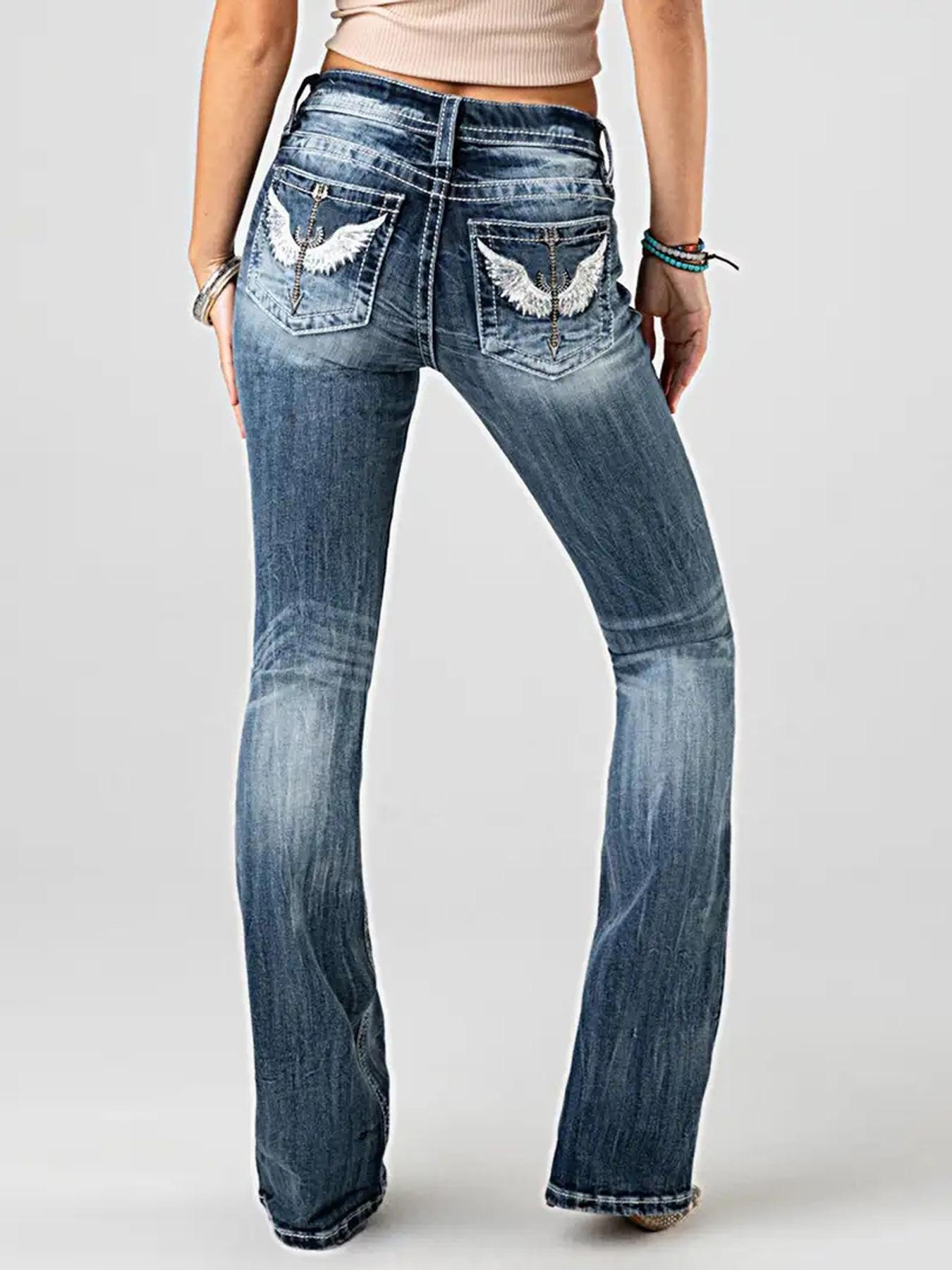 Womens Washed Blue Bootcut Jeans with Wing Geometric Embroidery Back Pockets, High Waist Retro Slim Fit, Stretch Denim for All Seasons Womenswear Bottom