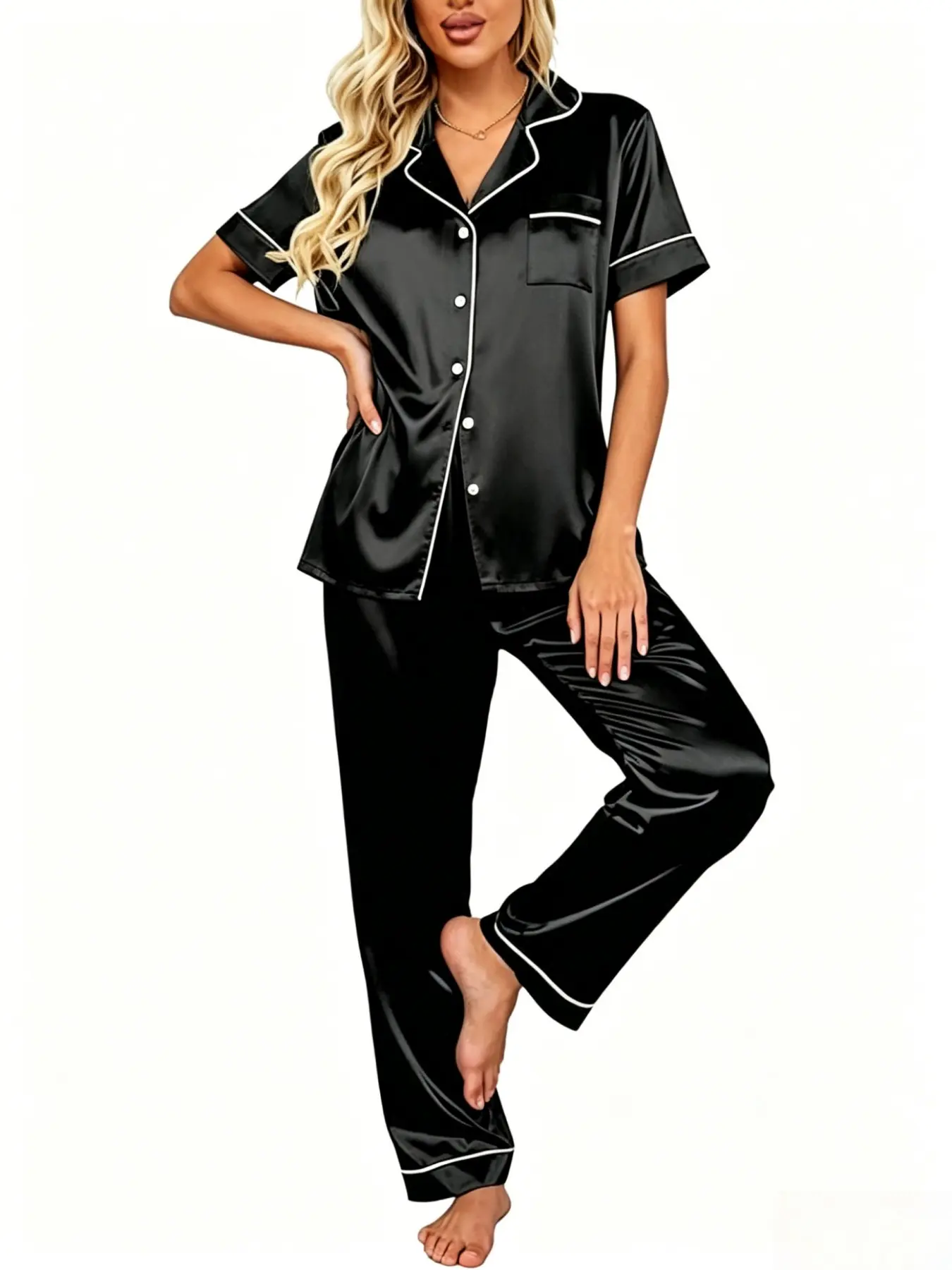 Women's Satin Smooth Velvet Pajama Set, Everyday Short Sleeve Long Pants Sleepwear, Soft Button Home Wear Pajamas, Comfortable Nightwear