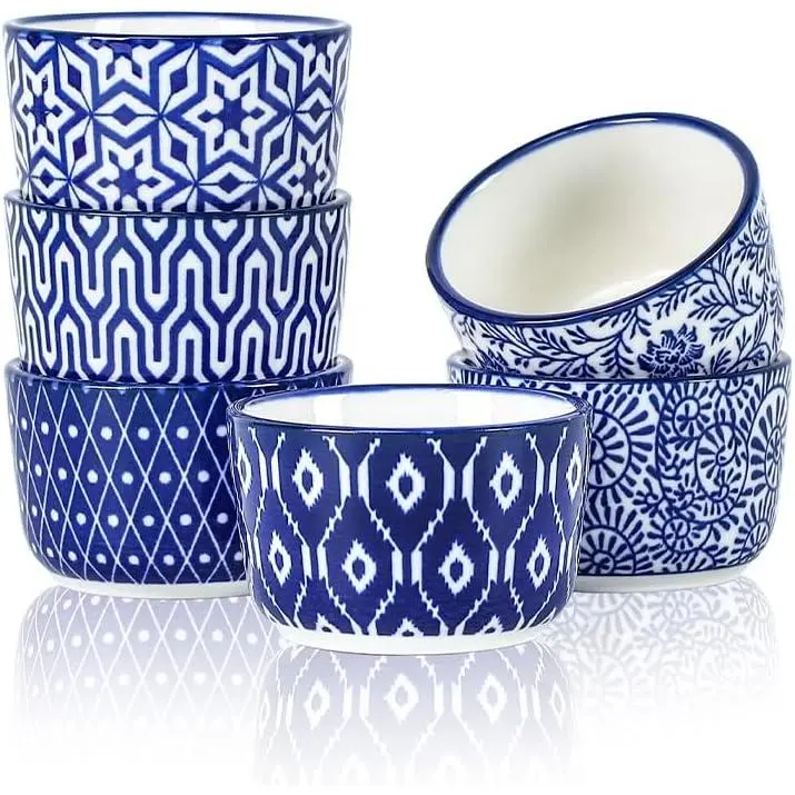 Ceramic Mini Ramekins, 2 OZ Creme Brulee Ramekins Oven Safe, Dipping Sauce Cups for Condiments Side Dish, Set of 6,  Blue