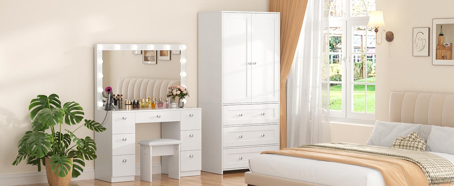 VOWNER Armoire Wardrobe Closet with Drawers and Mirror, 71" Clothing Storage Cabinet with Hanging Rod, 2 Doors Wooden Wardrobe Cabinet for Bedroom, Large Capacity Storage