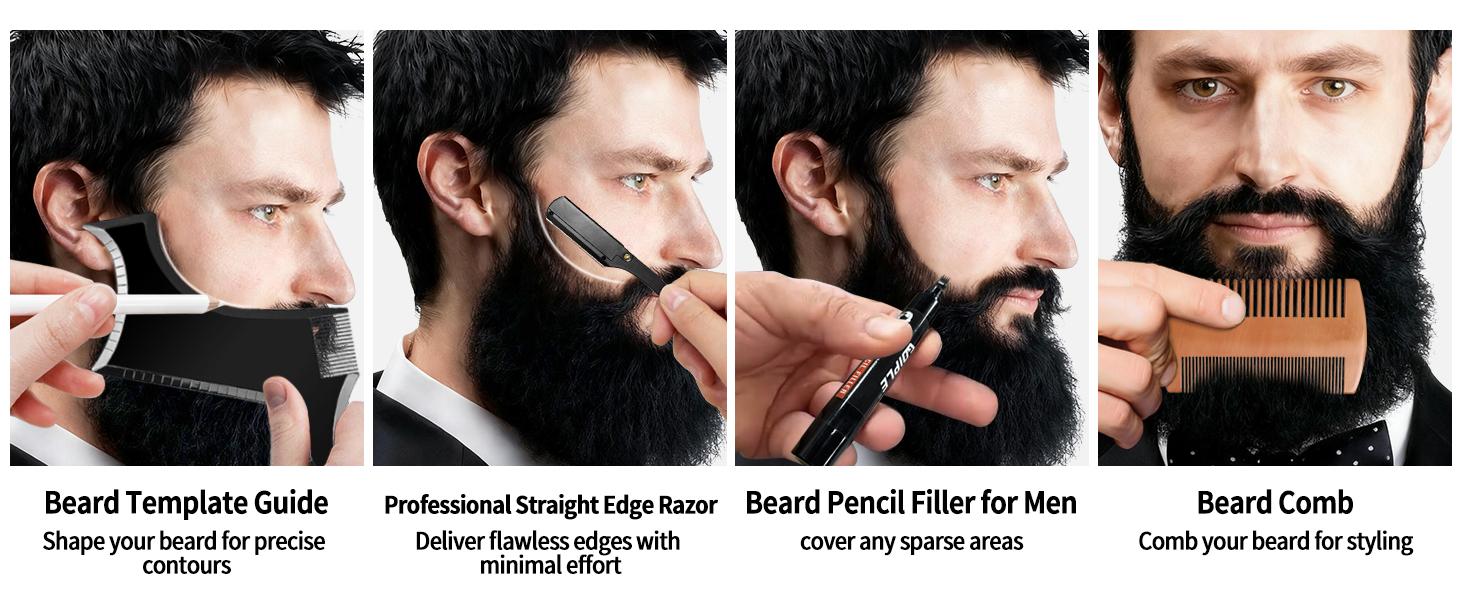 Beard Shaper for Men Beard Shaping Tools - Beard Template Guide, Professional Straight Edge Razor, 10 PCS Double Edge Blade, Barber Pencil, Beard Comb, Stainless Steel Scissor Mustache Lineup Tools