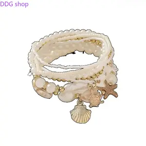 2026 Women's Boho Shell & Starfish Bracelet Set, Exquisite Trendy Bracelet, Artificial Pearl Party Vacation Jewelry, Beach Style Handmade Accessories, Faux Pearl