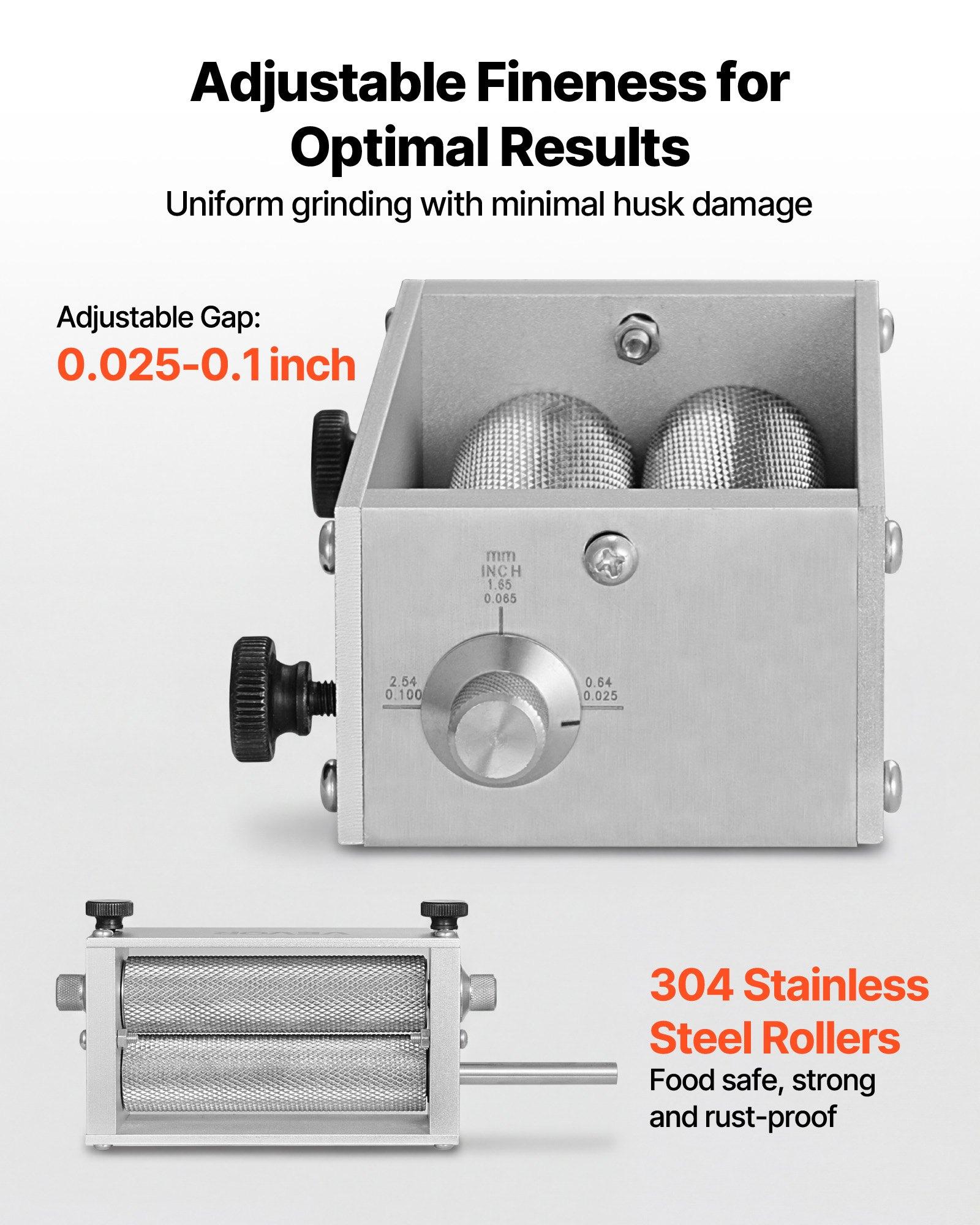 VEVOR Manual Grain Mill, Homebrew Malt Grinder, Adjustable Barley Mill Crusher for Wheat Beer Brewing - with 2 Stainless Steel Rollers, 1.06 Gallon Hopper & Metal Base Plate