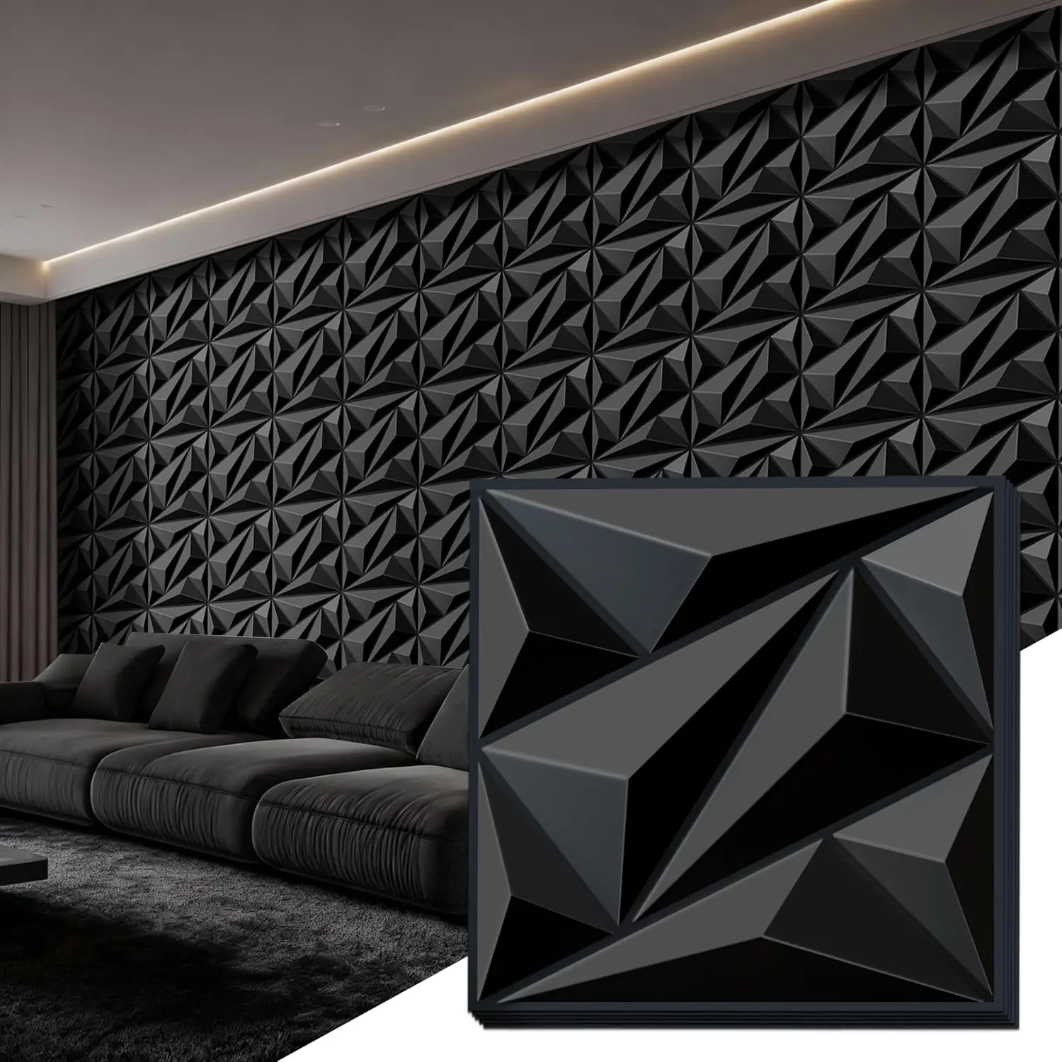 3D Wall Panel for Interior Wall Decor, PVC Wall Panels for Living Room Bedroom Game Room, Black Wall Panels for Lobby Hotel Office, 12''x12'' Cover 19.Sq.Ft.(20 Packs)