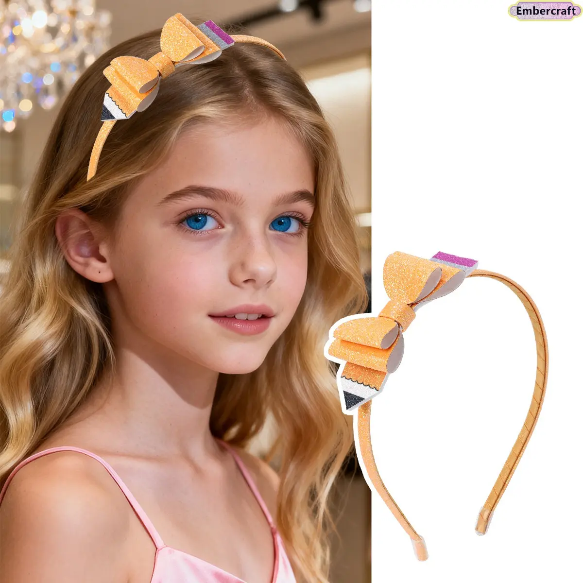Back-to-School Kids Headband with Sequins Double Bow, Aesthetic Pencil Hair Accessory for Girls, Glitter School Headband, Comfy All-Day Hairband for Class, Picture Day, Parties, Teacher Gifts & First Day of School