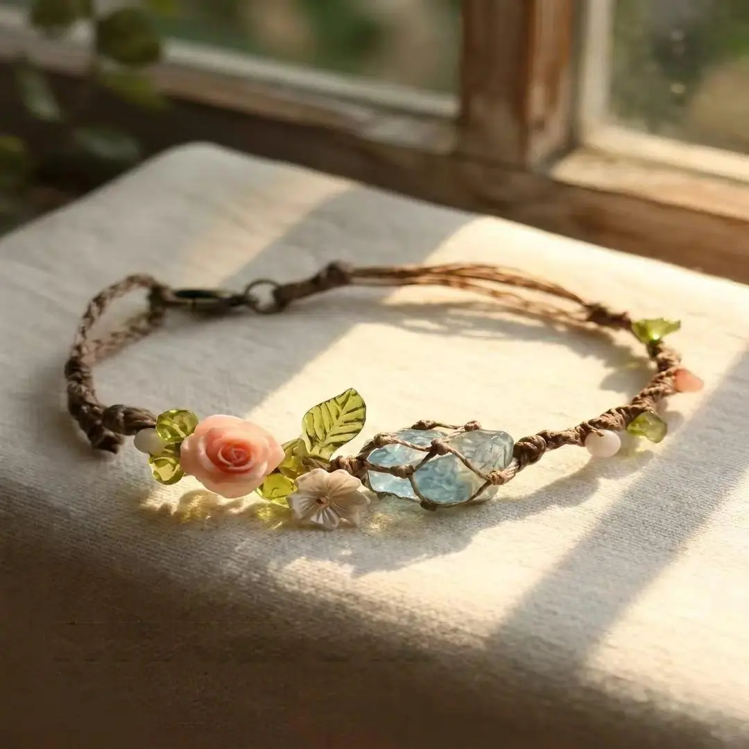 Handcrafted Floral Macrame Bracelet with Blue Stone - Fairy Aesthetic Braided Jewelry, Boho Woven Wristband & Unique Artisan Gift for Women