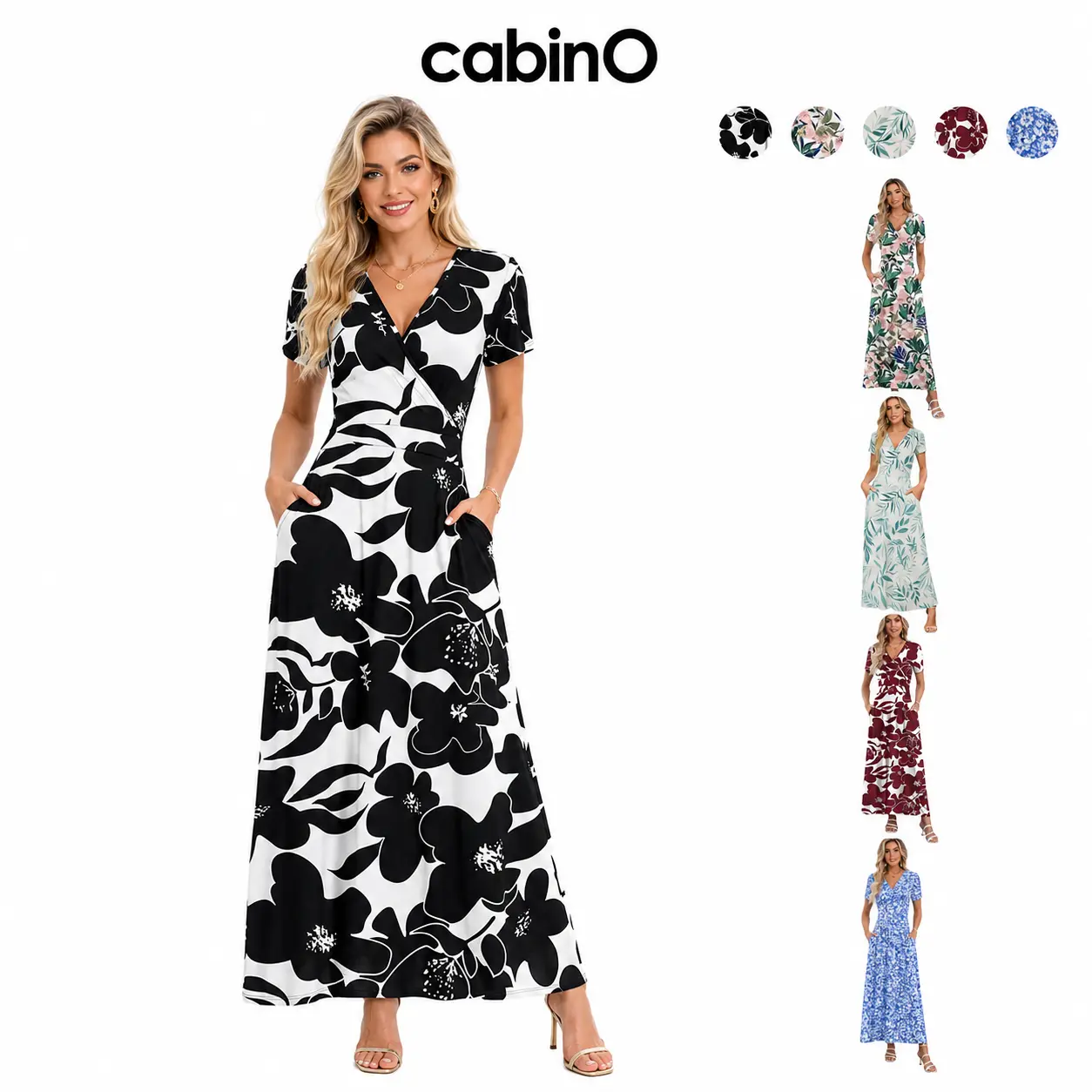 Cabino Women’s Black White Floral Maxi Wrap Dress, V Neck Short Sleeve A-Line Dress for Summer Vacation, Beach Resort, Casual Party, Wedding Guest and Daily Wear