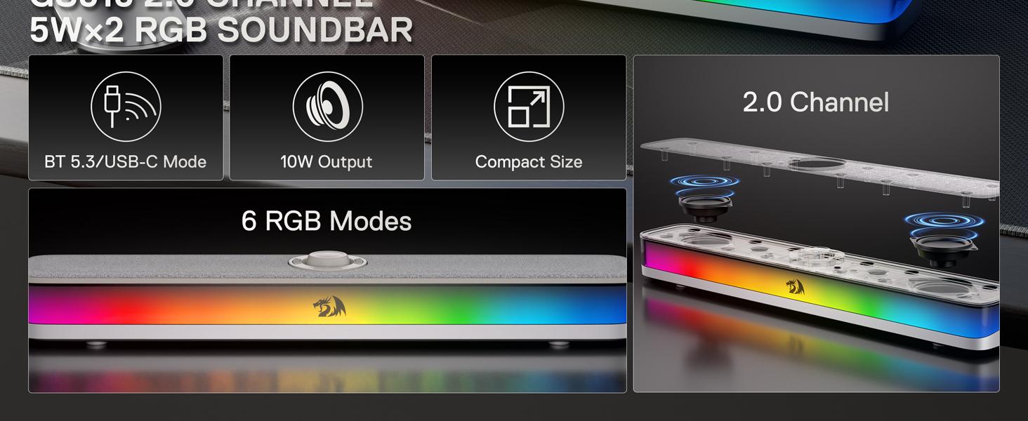 Redragon GS515 RGB Desktop Soundbar, 2.0 Channel Stereo Computer Speakers for Desktop with Bluetooth 5.3, USB-C/USB Powered, Gray Redragon GS515 RGB Desktop Soundbar, 2.0 Channel Stereo Computer Speakers for Desktop with Bluetooth 5.3, USB-C/USB Powered, Gray