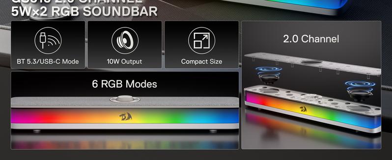 Redragon GS515 RGB Desktop Soundbar, 2.0 Channel Stereo Computer Speakers for Desktop with Bluetooth 5.3, USB-C/USB Powered, Gray