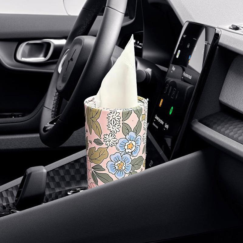 Flower Pattern Car Tissue Box, Car Seat Cylindrical Tissue Holder and Tissue Dispenser, Car Interior Accessories for Women & Girls