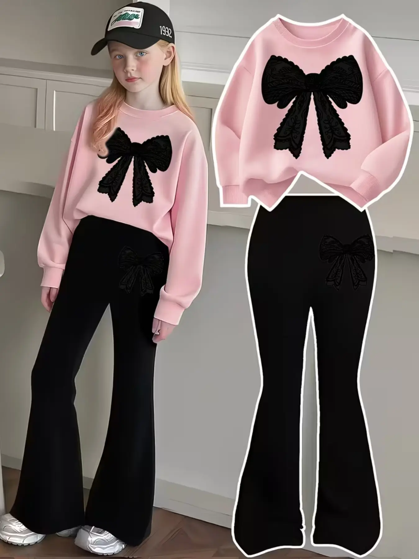 Girls' Butterfly Knot Print Suit, 2pcs Fashion Round Neck Sweatshirt + Bell Pants Set, Slim-Fit Sporty Style, Spring & Fall, Ages 5-14