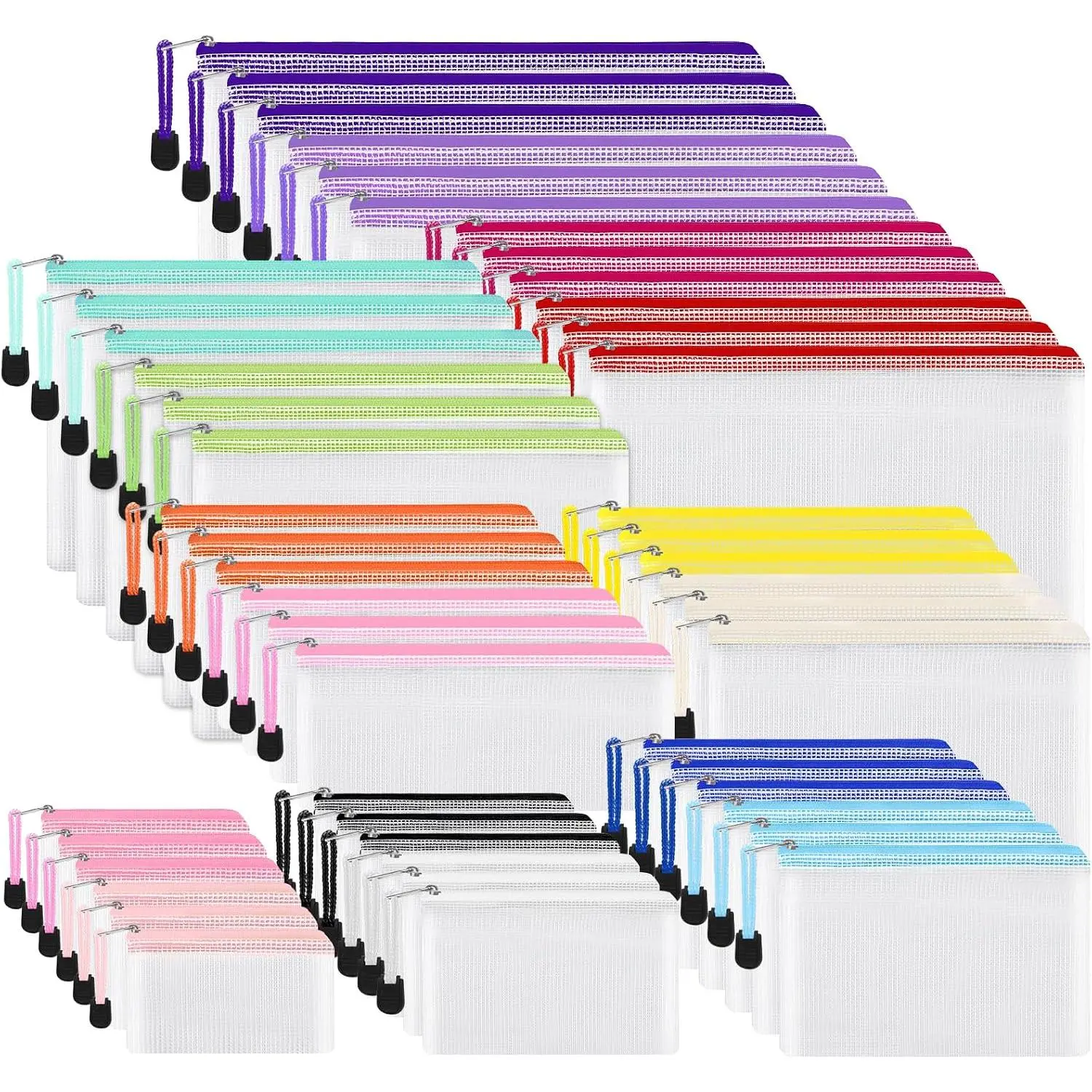 48 count Mesh Zipper Pouch,  Zipper Bags, 8 Sizes Plastic Travel Pouch, 15 Colors, Multipurpose for Board , Travel Storage, School Supplies, Office Appliances,  Organize