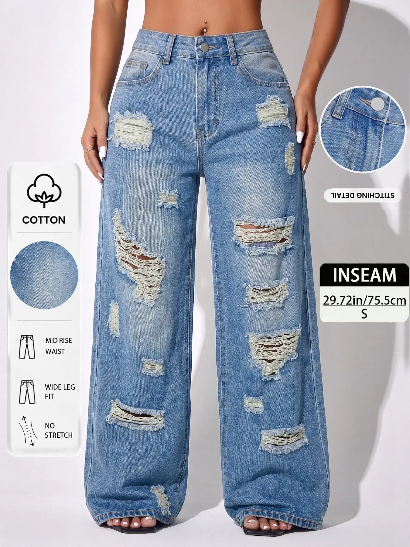 Mid-Rise Baggy Wide Leg Jeans for Women, Distressed Denim Pants with Whiskers & Spray Effect, Trendy Streetwear, Slimming Summer Trousers, Elegant Casual All-Season Bottoms