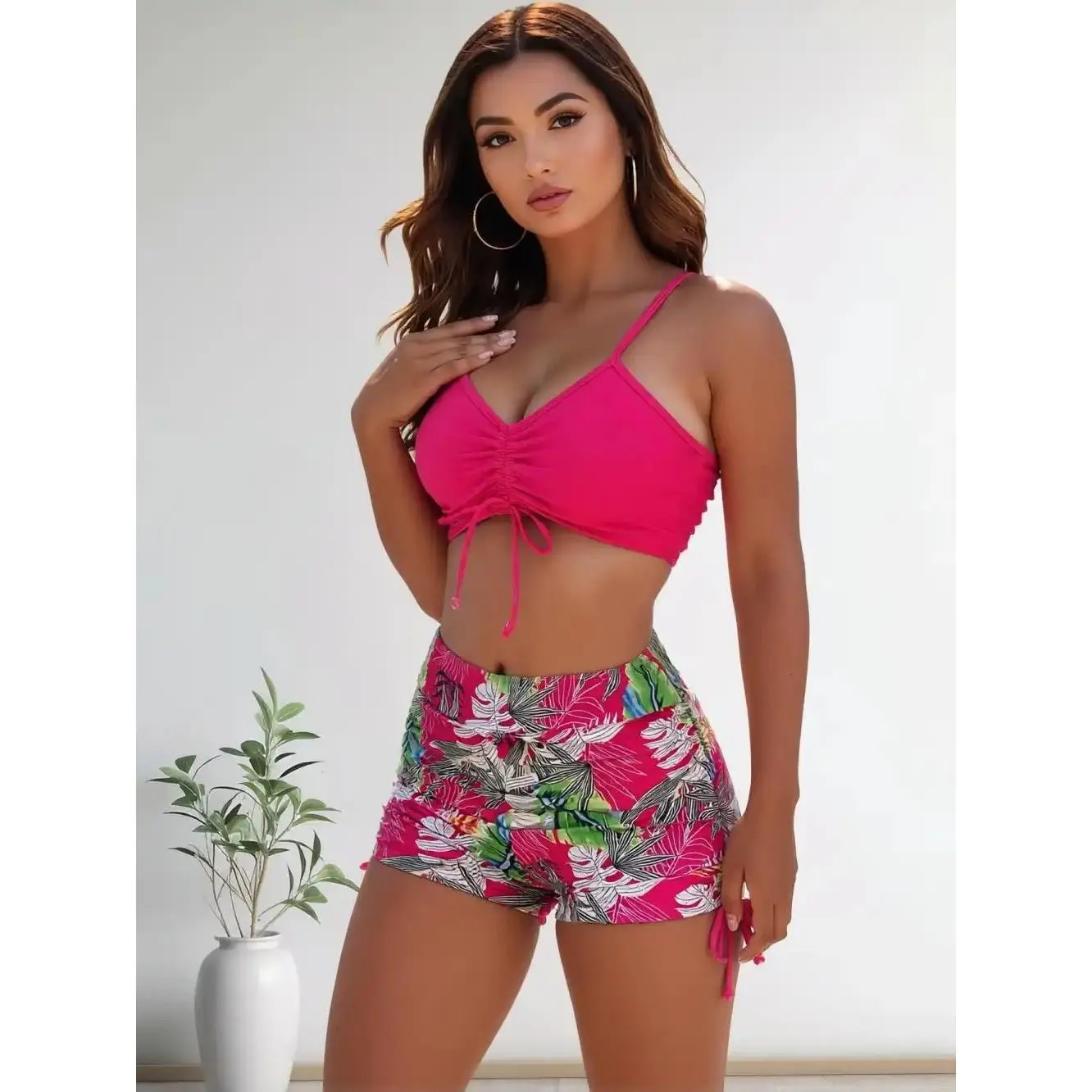 Women's Tropical Print High Waist Drawstring Bikini Set, Bikini Top Shorts Combo, Slimming Two-Piece Swimsuit, Summer Beachwear, Swimsuit For Beach, High Waisted Swimsuits, Tropical Print Bikinis, Drawstring Ruched Bikini, Fashion Beachwear Swimwear
