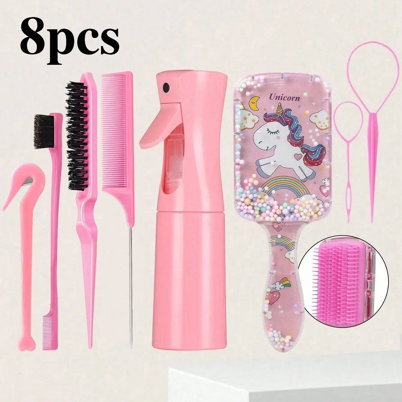 8-Piece Hair Comb Set, Includes Cute Cartoon Combs, 200ML Spray Bottle, Braiding Tools, Tail Comb, Edge Control Brush, Travel-Friendly