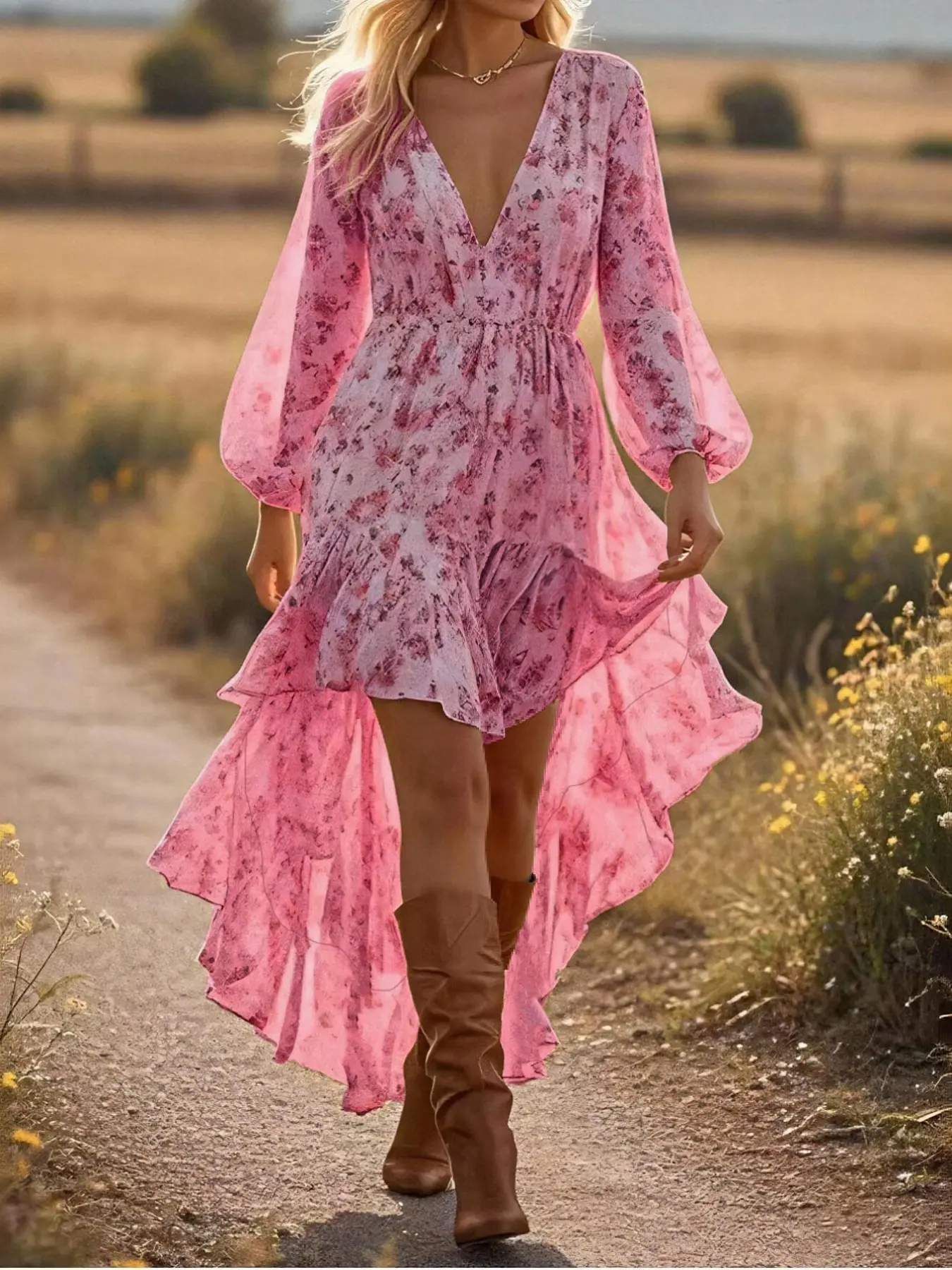 2026 European Women's Bohemian Boho V-Neck Asymmetrical Hem Print Long Sleeve Dress, Stylish, Casual and Comfortable Fashion for All Seasons, Bohemian Summer Dress