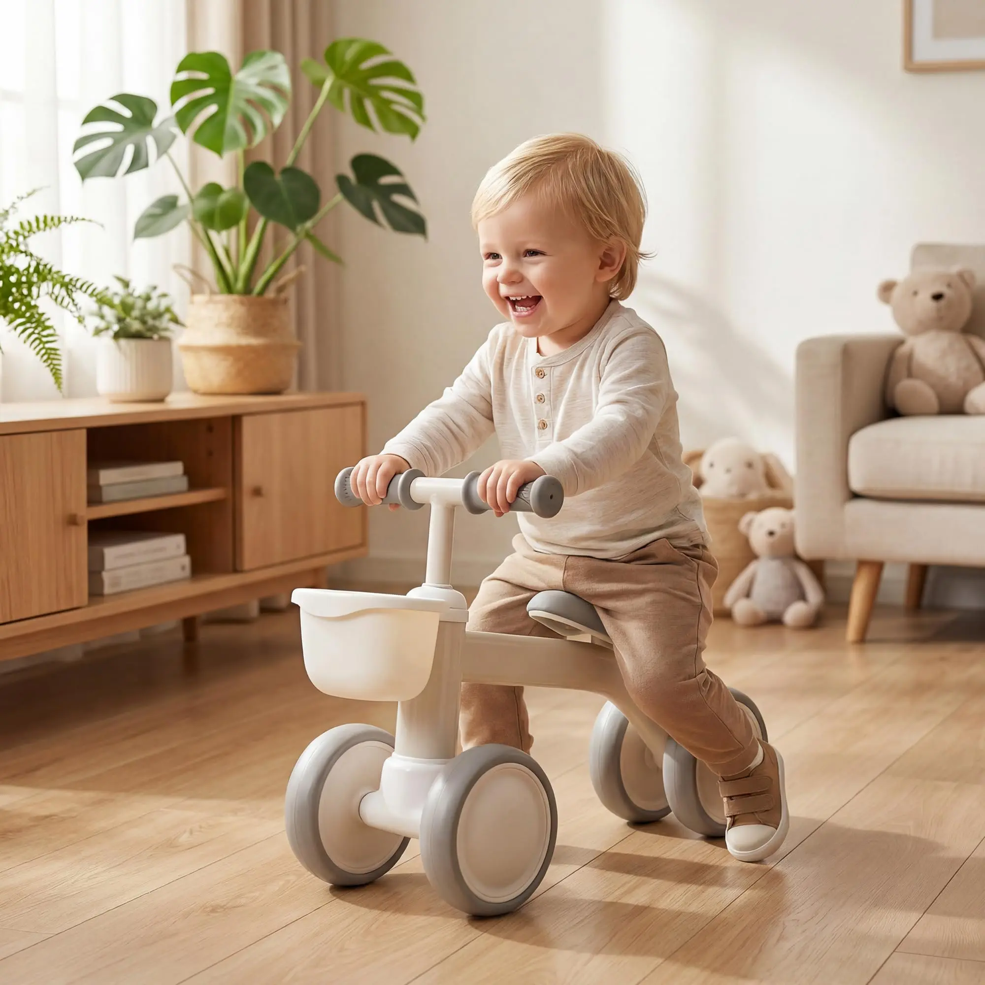 Baby Balance Bike Toys for 1 Year Old Boy Girl Gifts, 12-24 Month Toddler Balance Bike with Removable Basket, No Pedal 4 Silence Wheels & Soft Seat First Bike - White