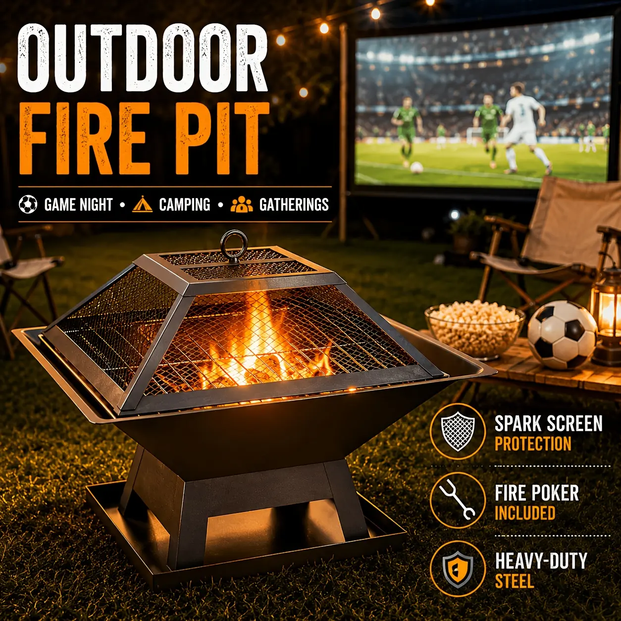 Portable 4-In-1 Wood Burning Fire Pit with Removable Cooking Grill, Spark Screen & Fire Poker, Outdoor Firepit for Backyard BBQ, Camping, Patio Heating, Bonfire Nights & Outdoor Gatherings