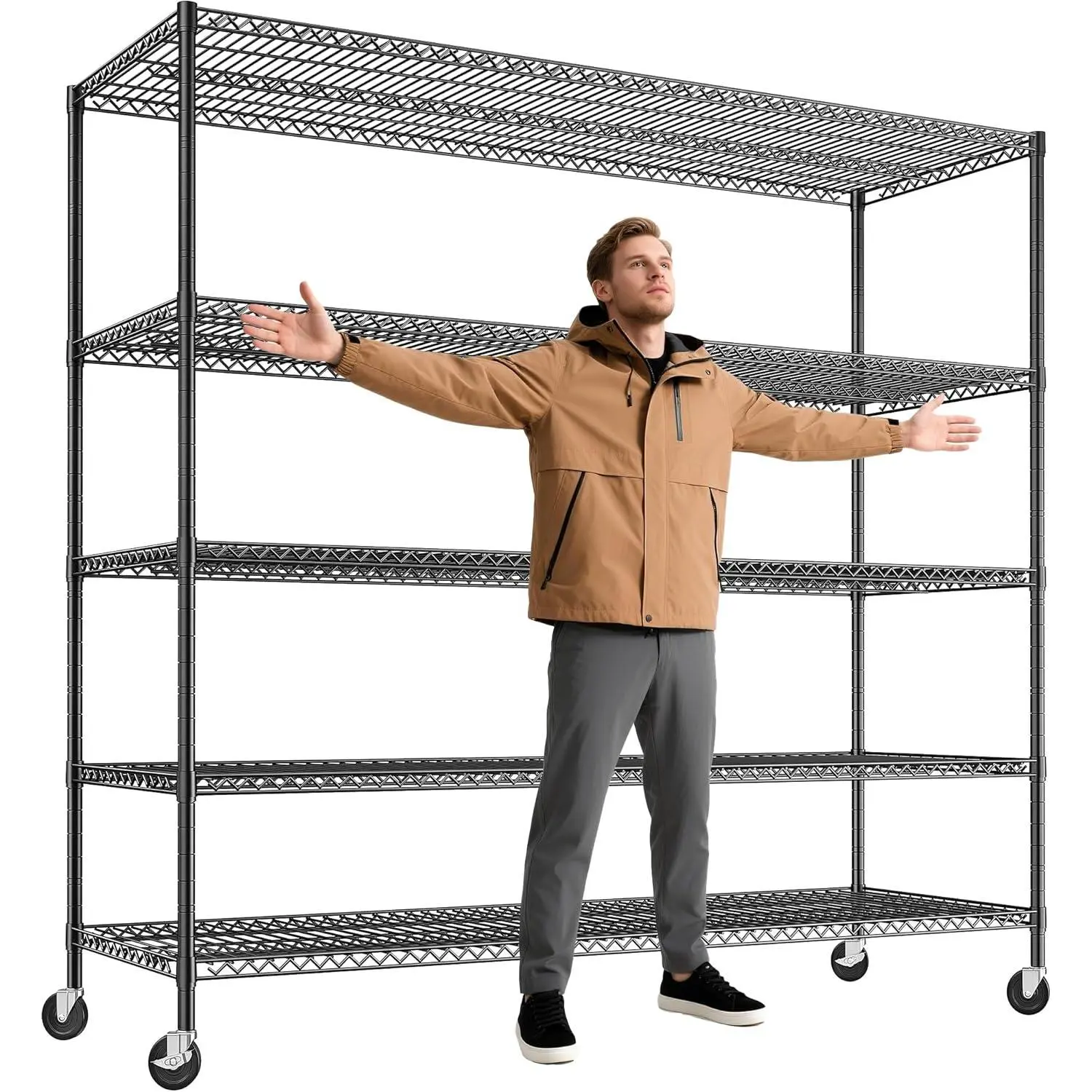 5-Tier Rolling Wire Storage Shelf, Heavy Duty Adjustable Smooth Metal Wire Organiser with Wheels for Household Garage & Pantry