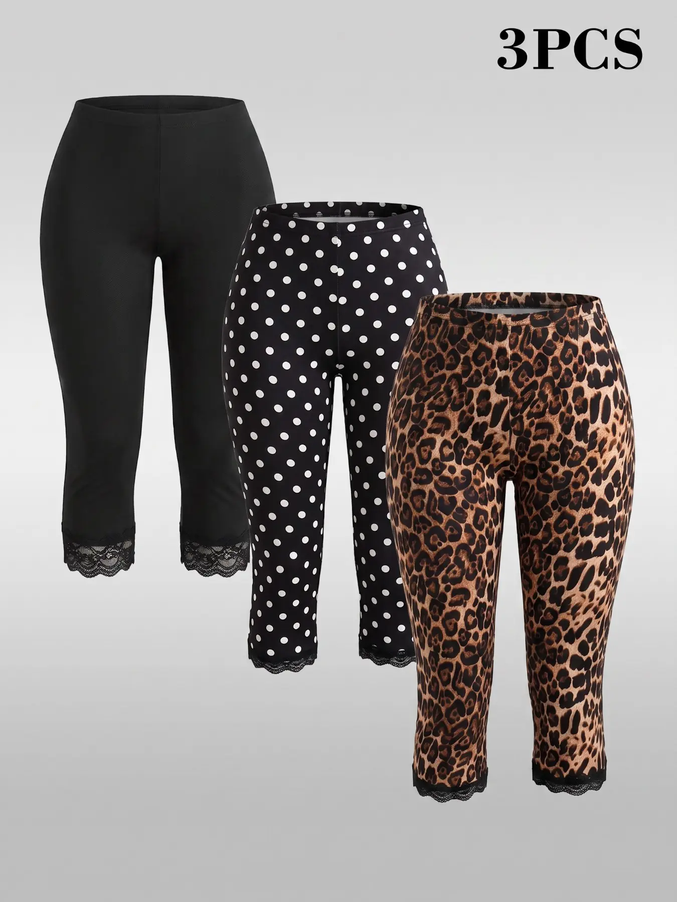 3-Pack Lace Trim Printed High Waist Capri Leggings, Stretch Mid-Calf Cropped Pants Bottoms For Women Daily Layering Outfit
