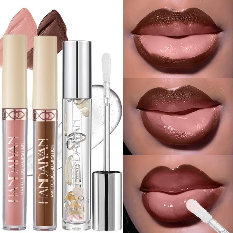 3pcs Matte Lip Gloss, Matte Liquid Lipstick and Lip Oil Set – Waterproof and Long-Lasting with Non-Stick Velvet Finish, Mixed Shades Hydrating Matte Lip Liner and Gloss Combo for Parties, Festivals, Daily Makeup and Daily Wear