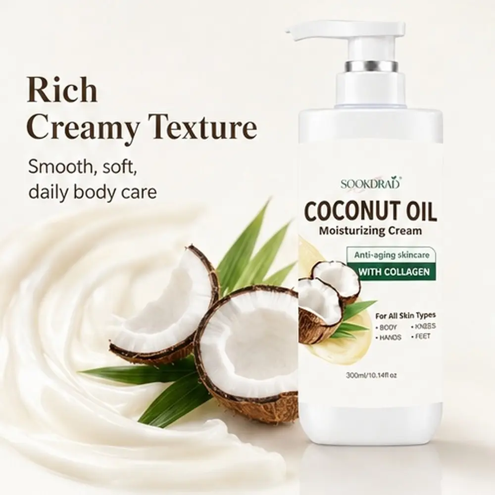 coconut oil moisturizing cream, with collagen, anti-aging, moisturizing, for body, hands, knees, feet, for all skin types, 300ml/10.14fl oz