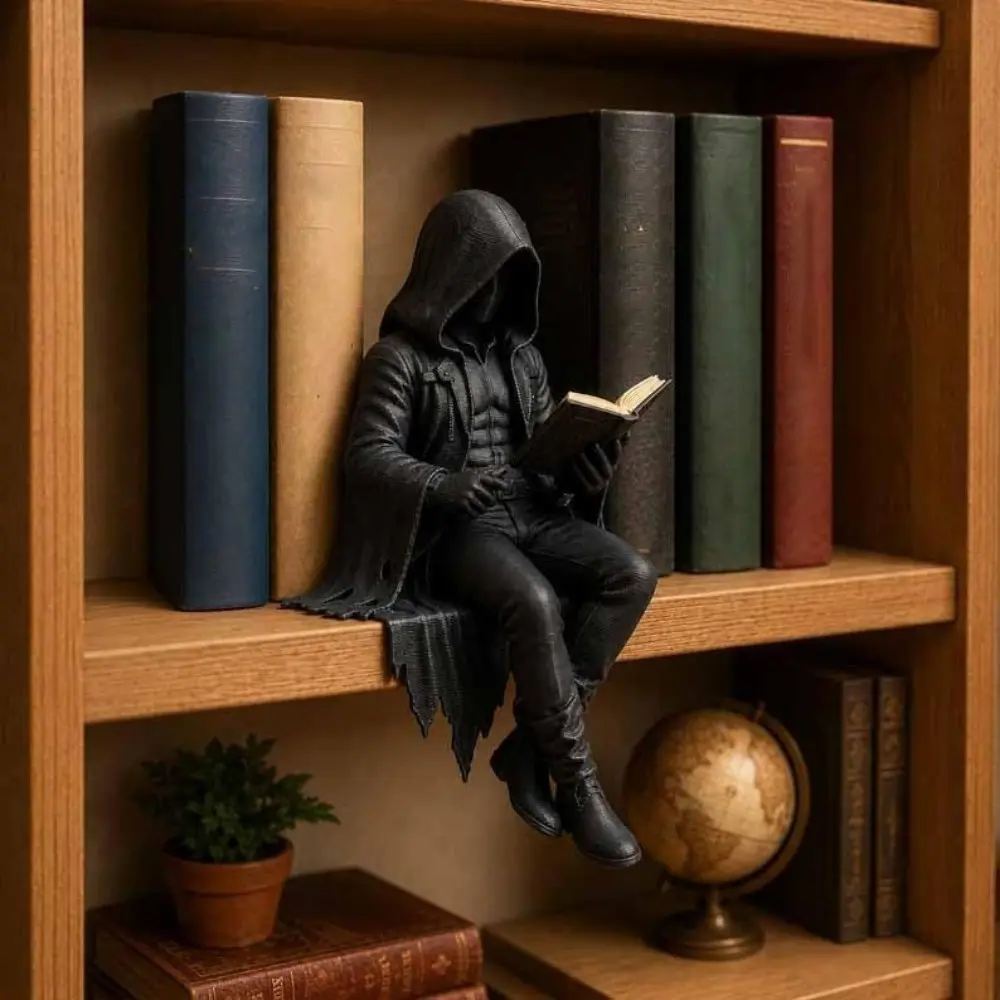 Gothic Dark Fantasy Figure, Hooded Shadow Reader Statue, Skull Black Robe Reading Sculpture, Unique Home Office Decor, Art Figurine, Decorative Figurines, Gift for Book Lovers Gothic Art Collectors